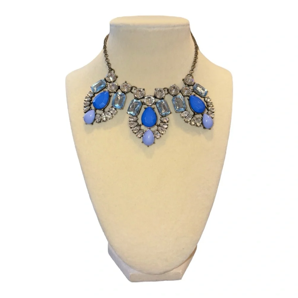 J Crew Clear Blue Rhinestone Antique Gold Statement Necklace Stamped JB5